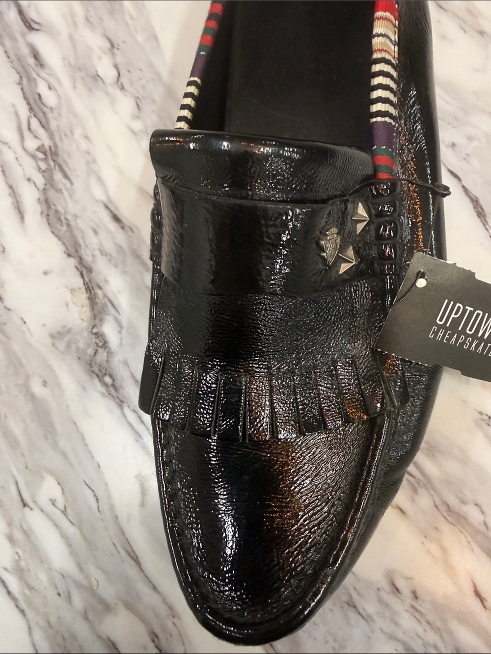 Gucci Black Patent Leather Fringe Loafers with Multicolor Trim - Picture 6 of 10